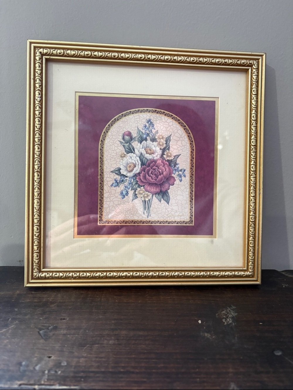 Plum Floral Print in Gold Decorative Frame